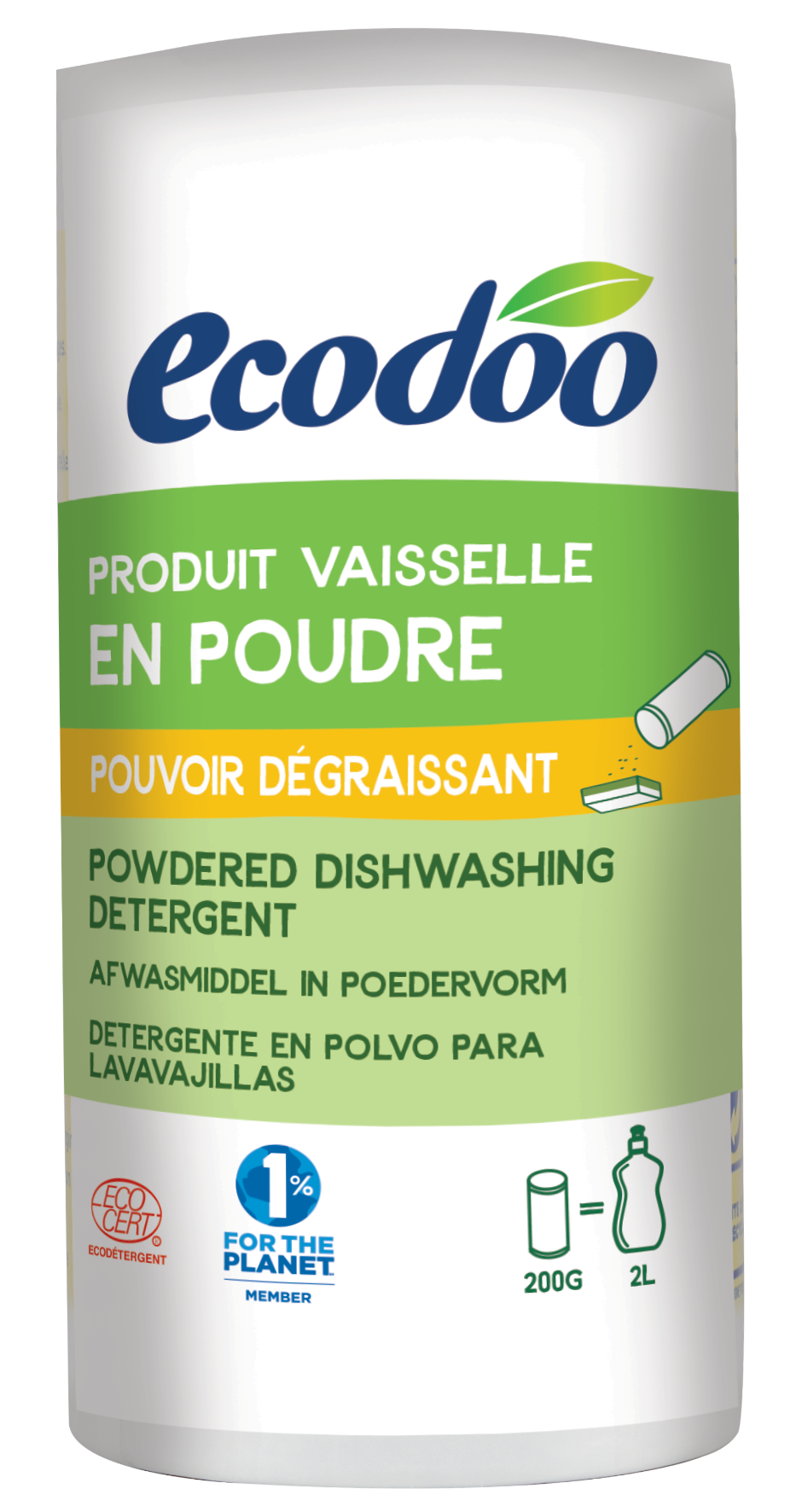 Ecodoo eco dishwashing powder in 200g package, eco-friendly cleaning product for effective dishwashing.