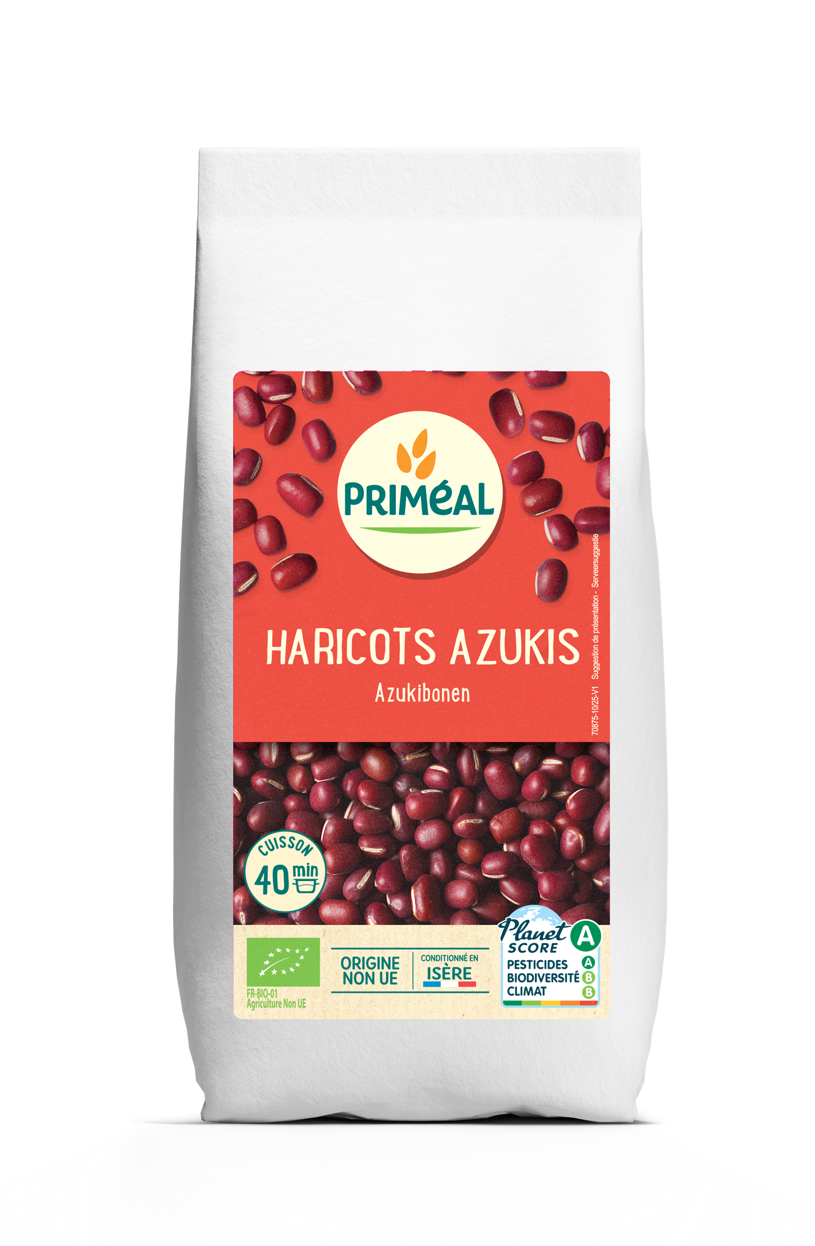 Organic Primeal Azuki beans in a 500g package, showing shiny red beans in a clear bag with label.