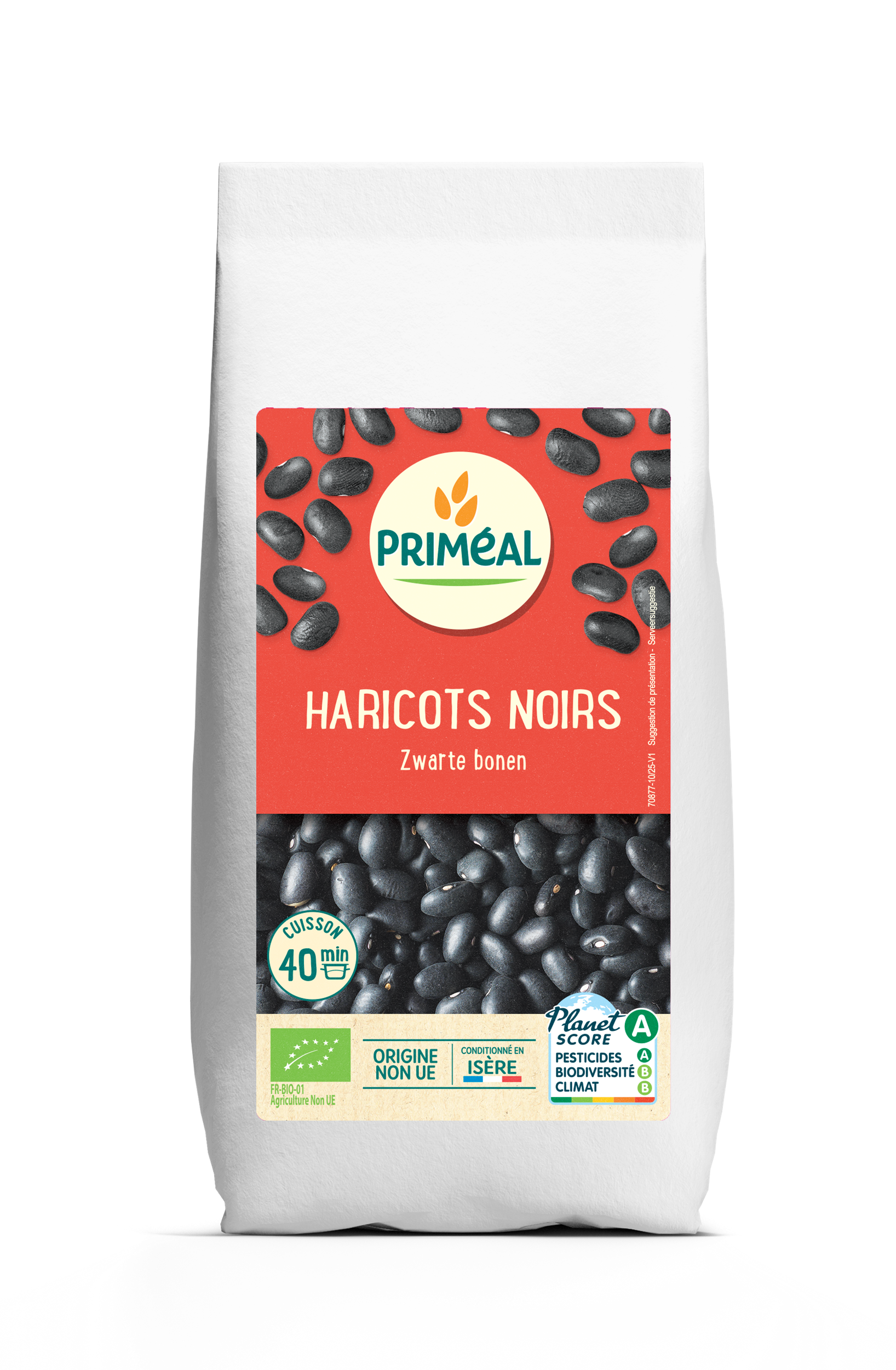 Primeal organic black beans in 500g package, fresh and dried, ready for cooking or meal preparation.