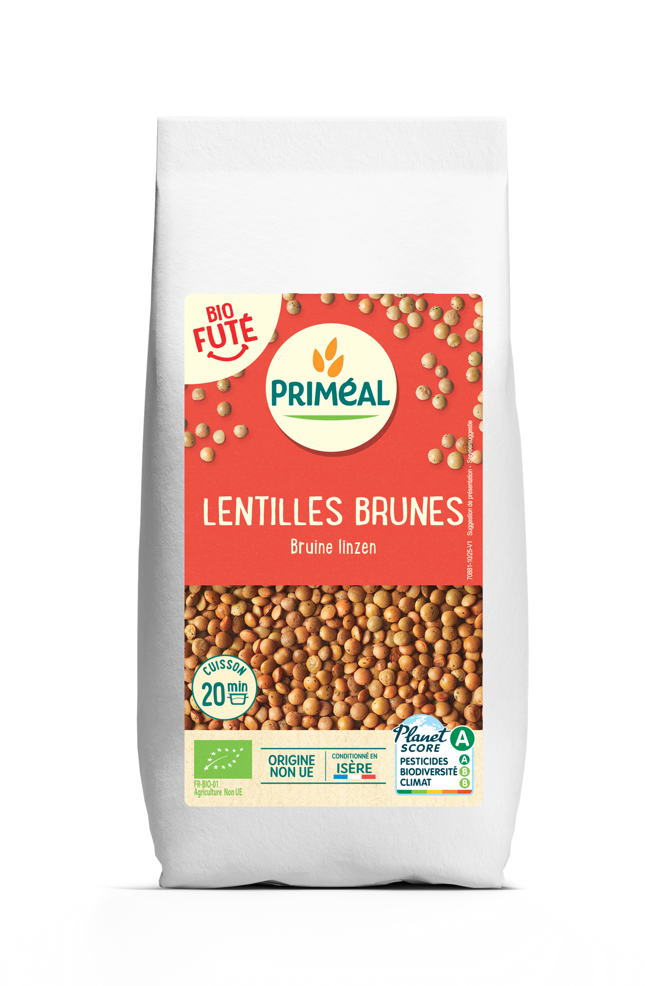 Primeal organic brown lentils in a 500g package, fresh and dried legumes, suitable for healthy cooking and plant-based meals.