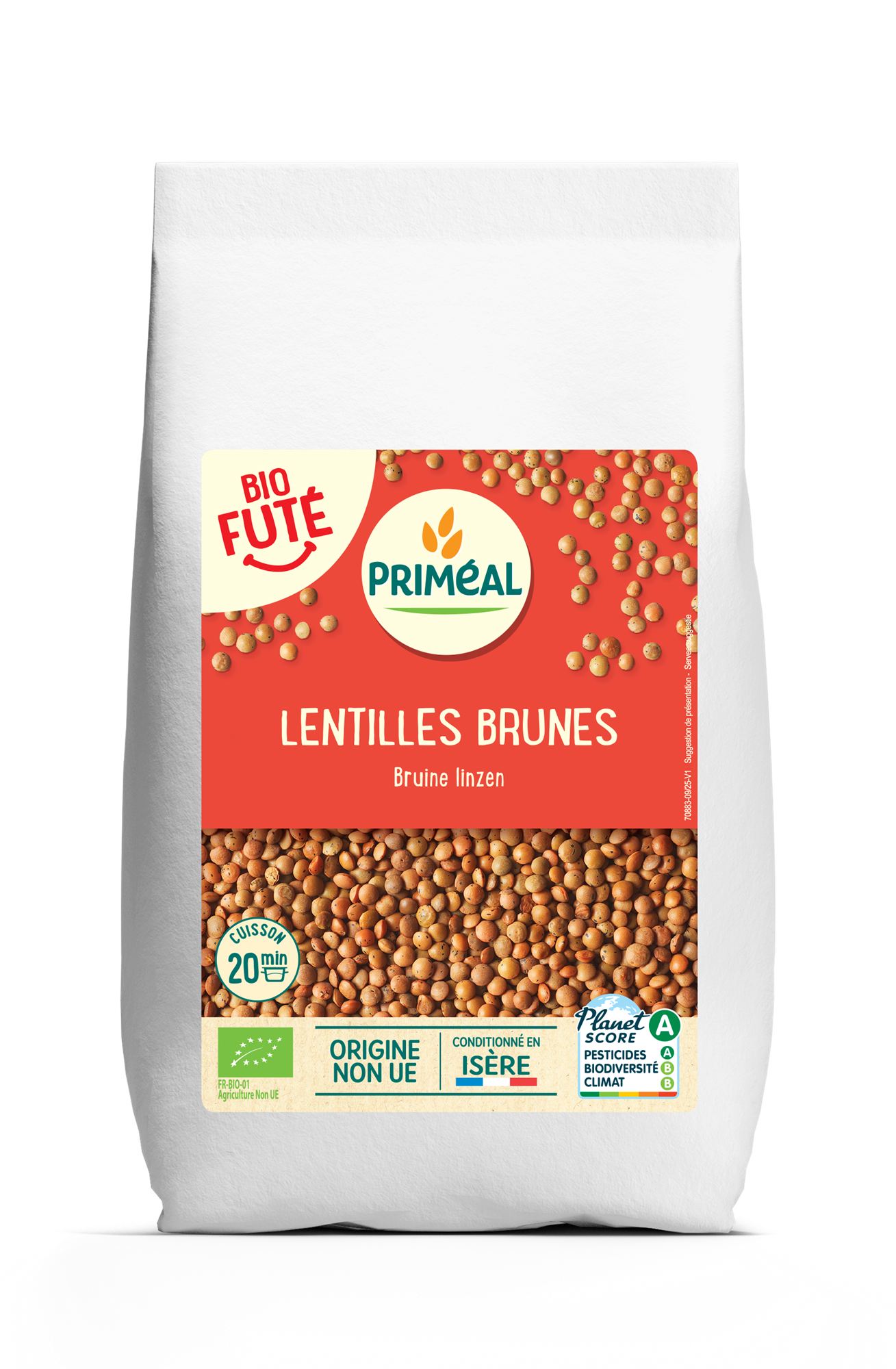Primeal organic brown lentils in 1000g bag, shown in a clear image with fresh, dry lentils ready for cooking.