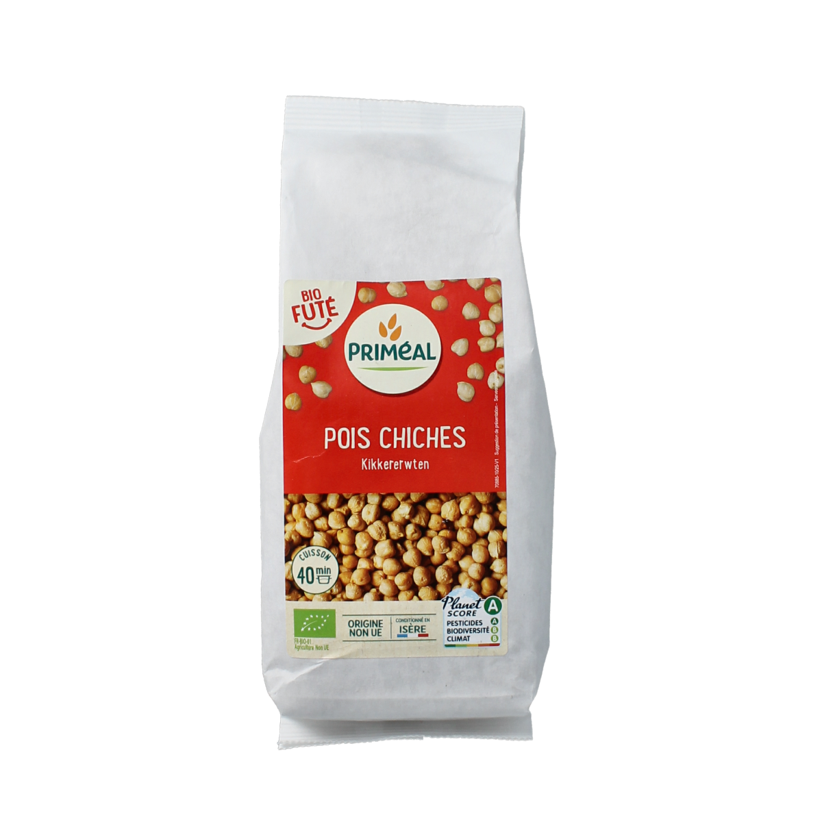 Primeal organic chickpeas, 500g, in a clear package, fresh and ready for cooking, from the Primeal vegetable and fruit range.