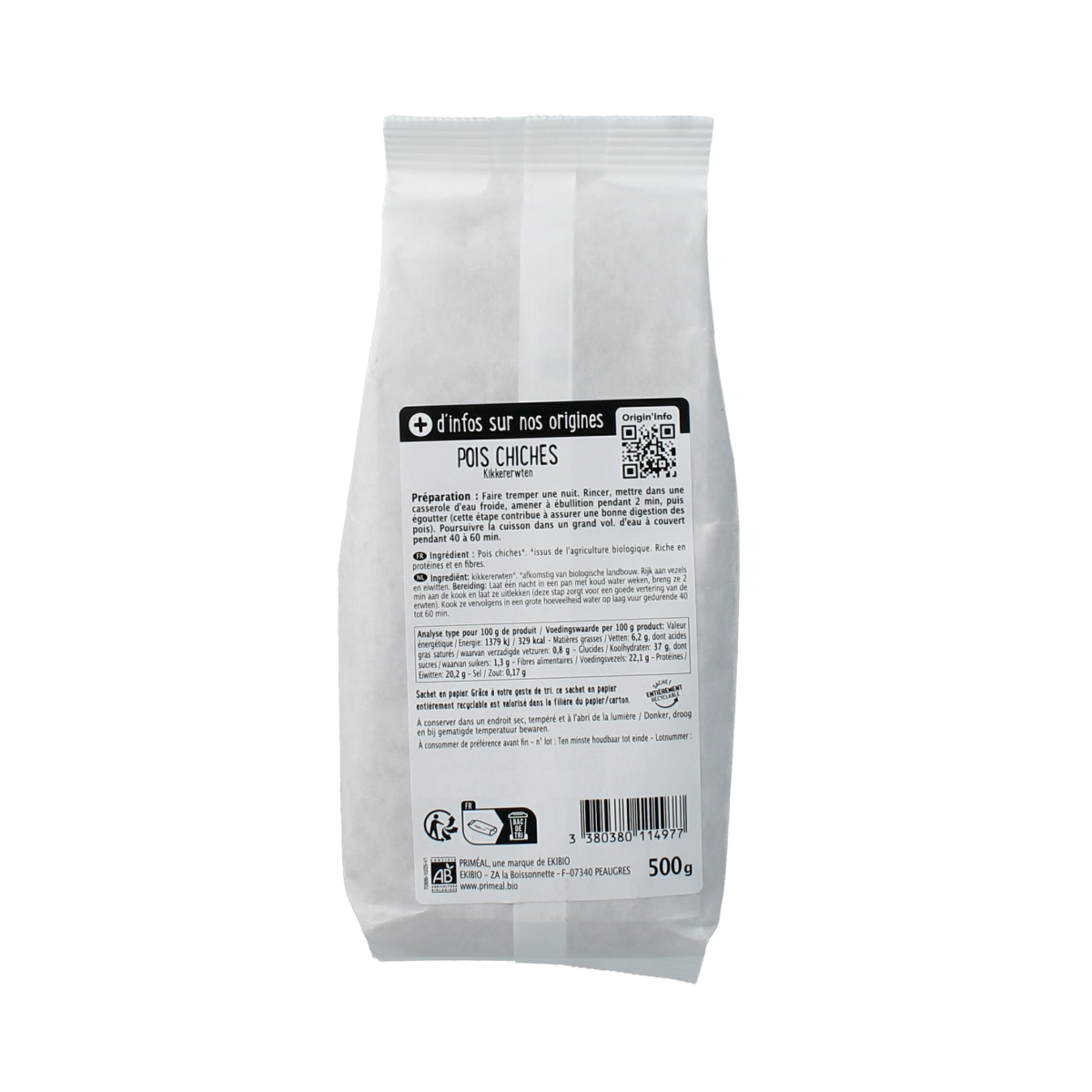 Primeal bio kikkererwten in 500g package, fresh organic chickpeas for cooking and salads.