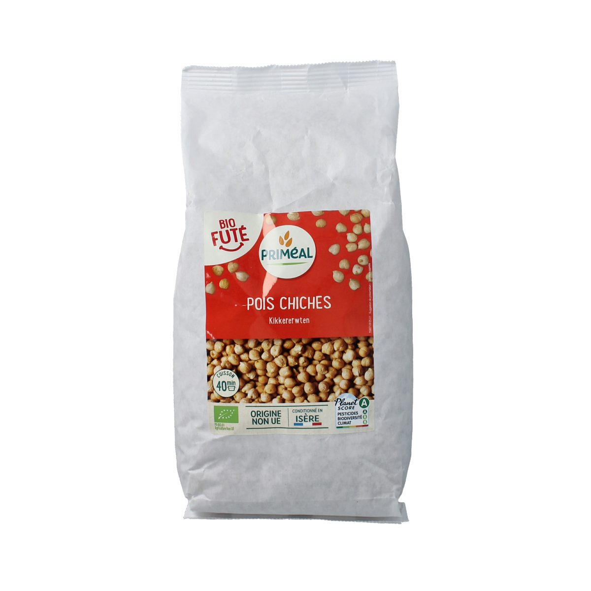 Organic Primeal chickpeas in a 1000g bag, fresh legumes for cooking, part of the vegetable and fruit category.