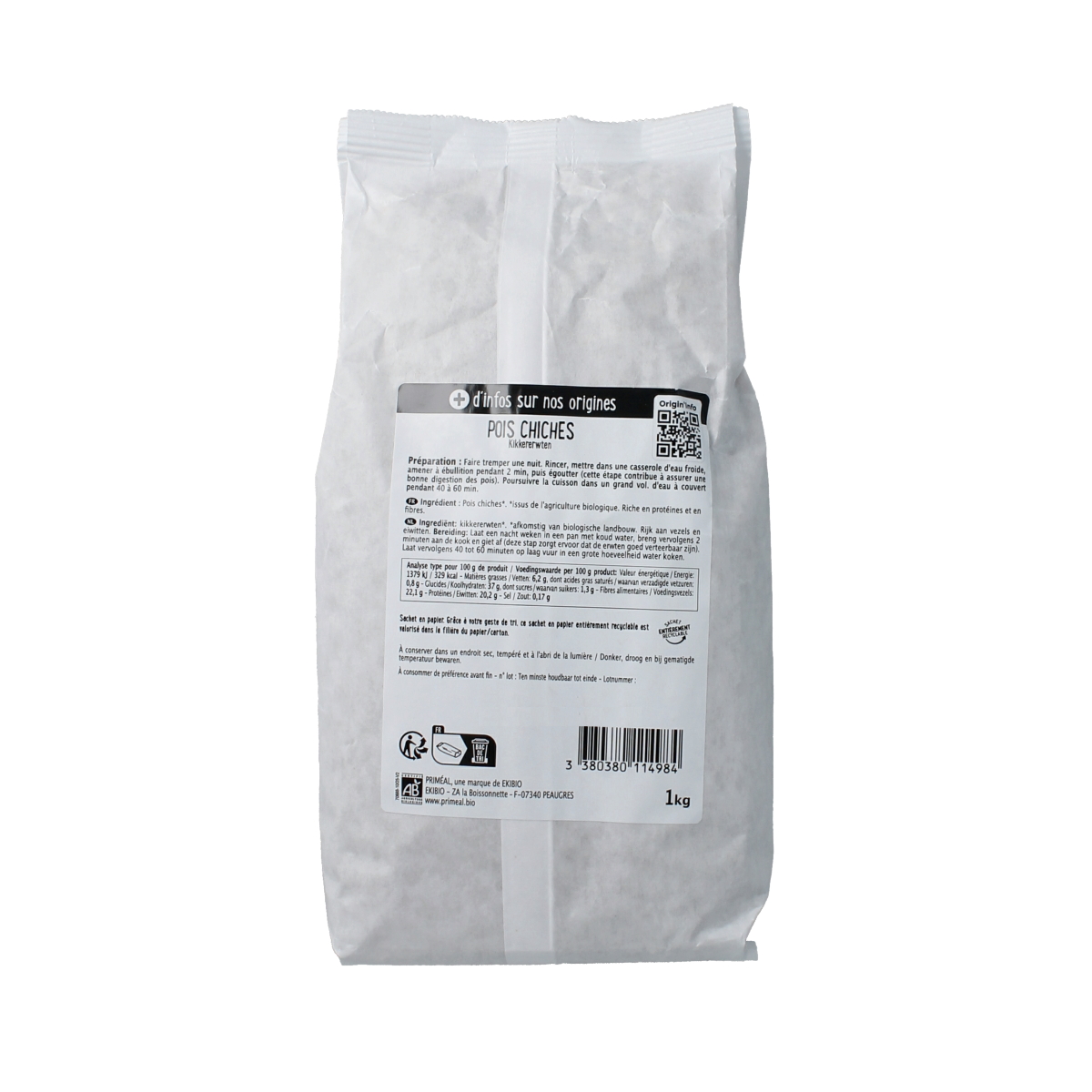 Primeal bio kikkererwten in 1000g package, organic chickpeas for cooking or salads, shown in a clear product image.