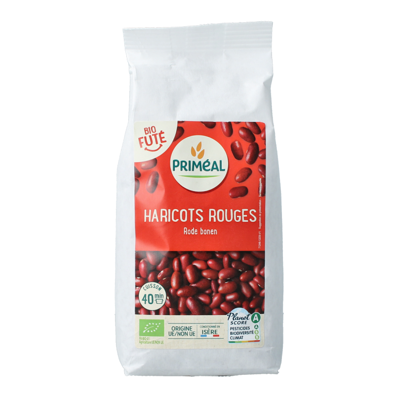 Primeal organic red kidney beans in 500g package, shown in a clear image with beans and label.