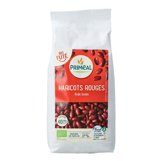 Primeal organic red kidney beans in 500g package, shown in a clear image with beans and label.