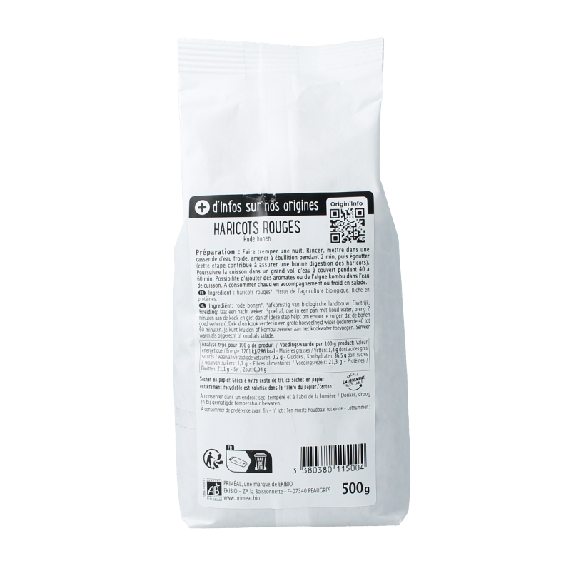 Primeal Rode bonen bio in 500g package, fresh organic red beans displayed in a clear bag.