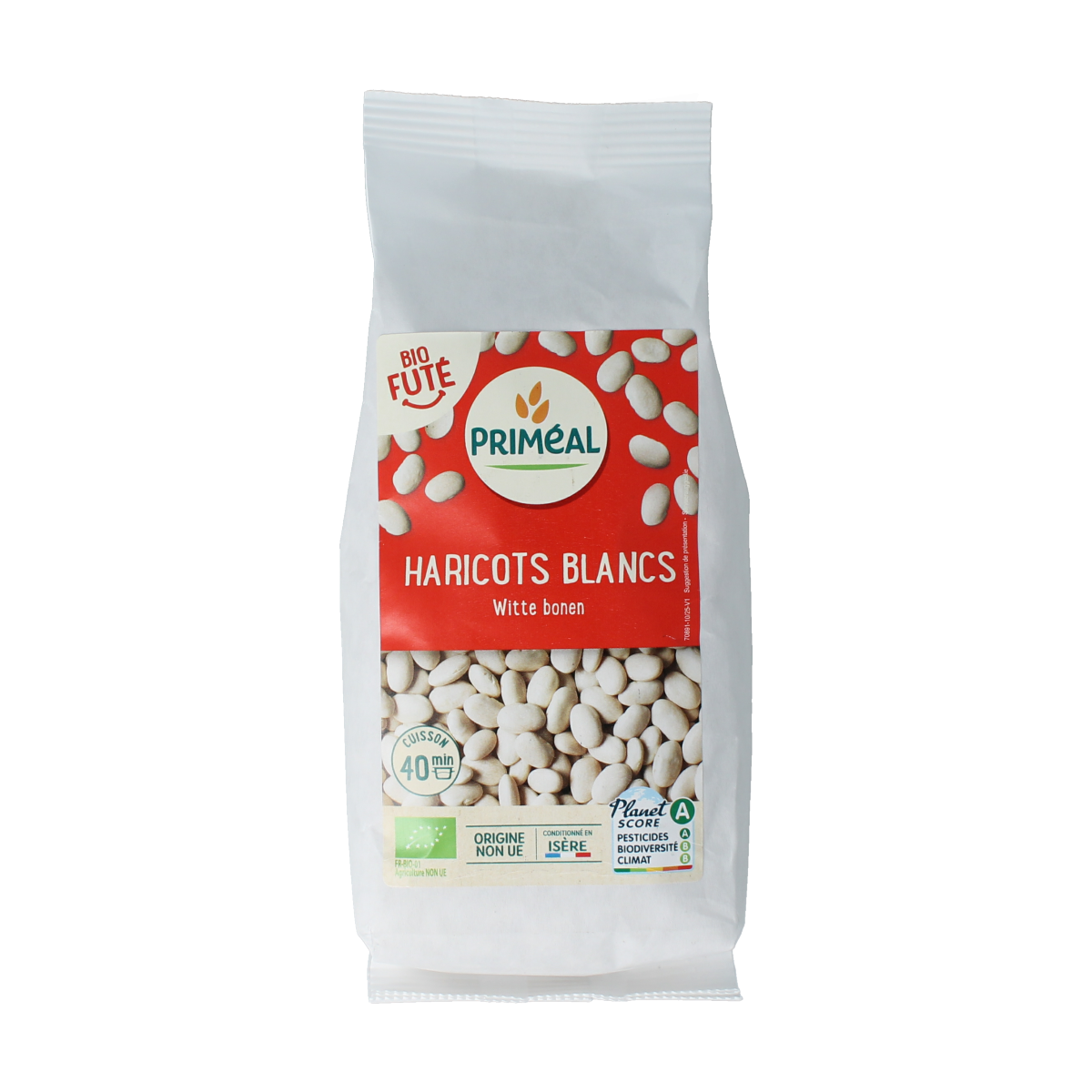 Primeal Witte Bonen bio, 500g, organic white beans in a clear package, suitable for cooking and healthy meals.