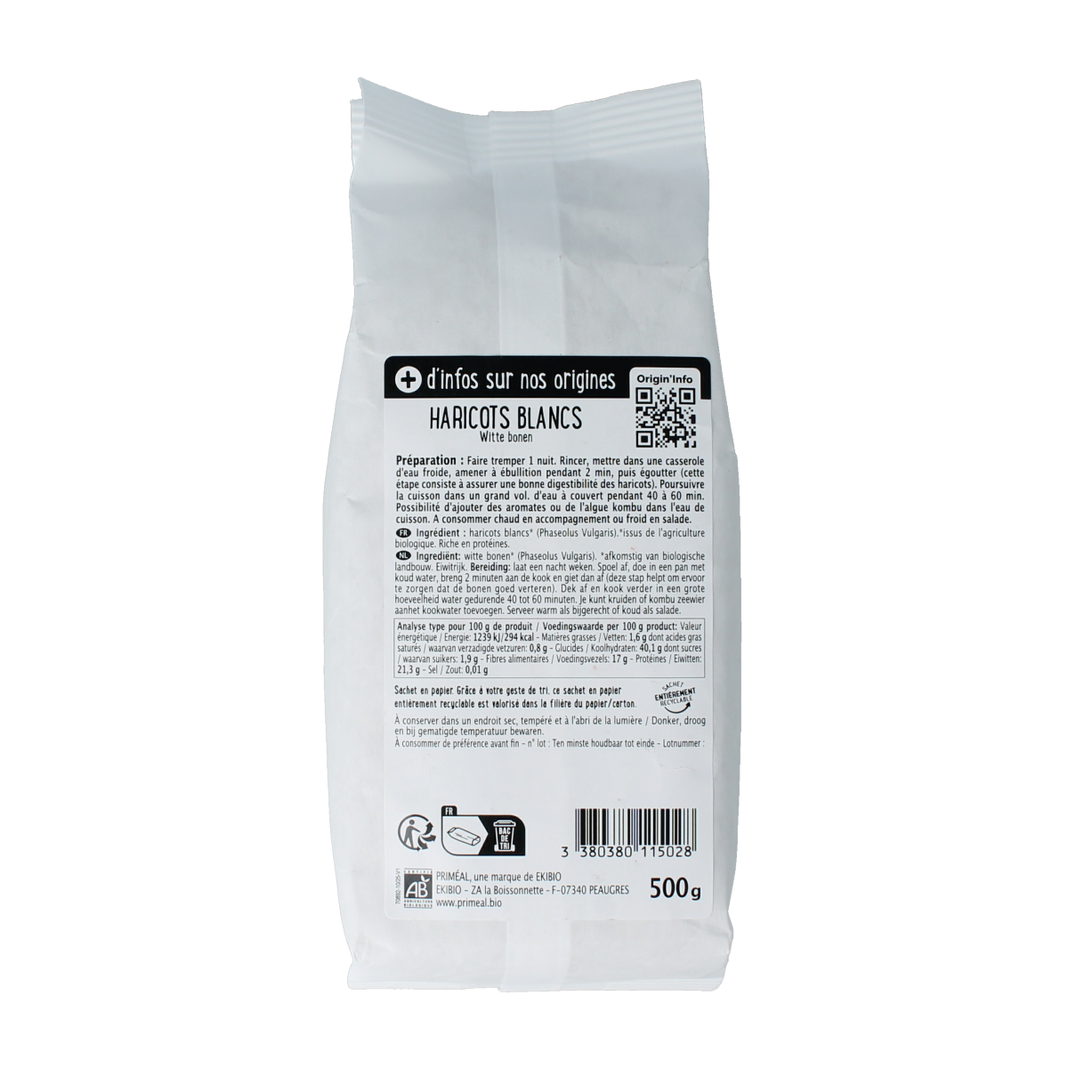 Primeal organic white beans in a 500g package, fresh and healthy, suitable for cooking and nutritious meals.