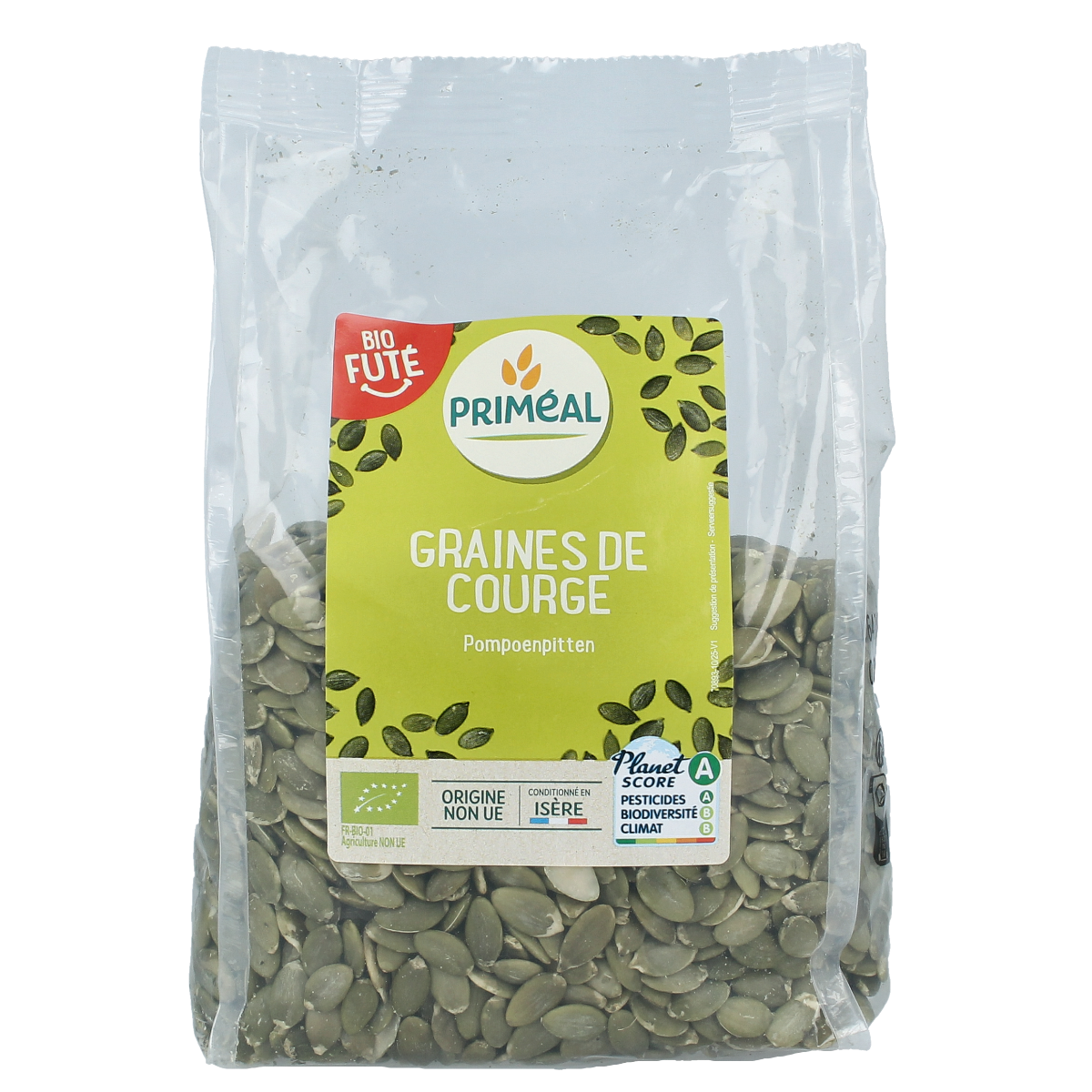 Organic Primeal pumpkin seeds in a 500g bag, raw superfood seeds with natural pumpkin kernel appearance.