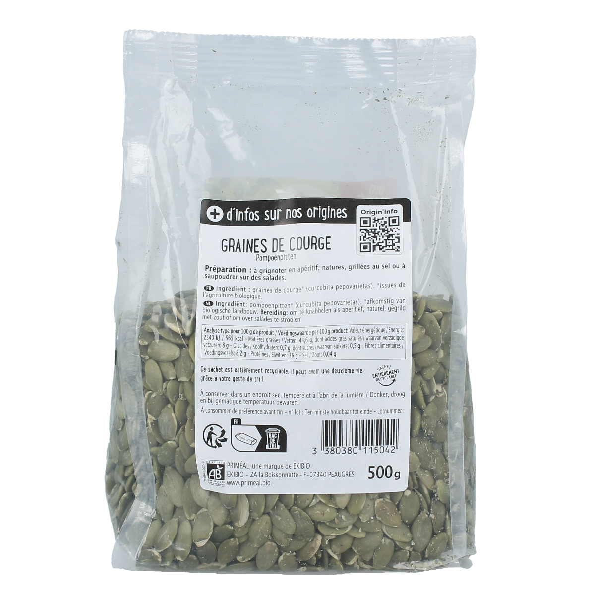 Primeal organic pumpkin seeds in a 500g package, raw superfood with greenish-brown shells and a textured surface.