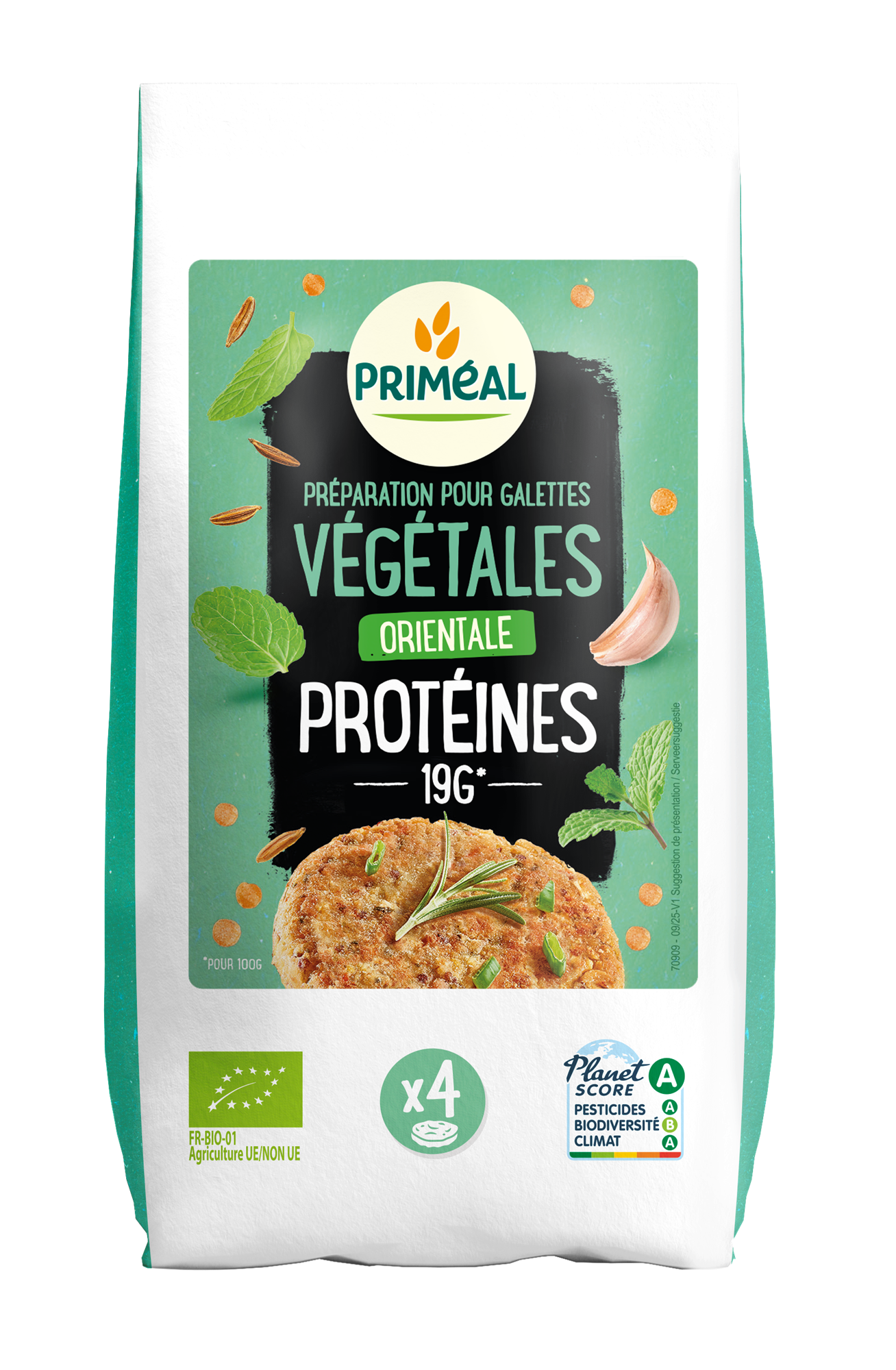 Primeal Groenteburgermix Orientaals bio, 200g, with herbs, spices, and meal mix ingredients in a colorful package.