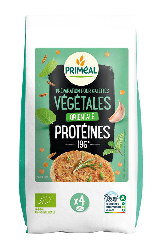 Primeal Groenteburgermix Orientaals bio, 200g, with herbs, spices, and meal mix ingredients in a colorful package.