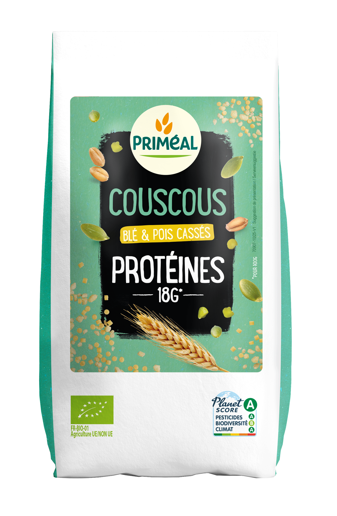 Organic Primeal couscous protein pasta in 400g package, showing the dry pasta grains and packaging label.