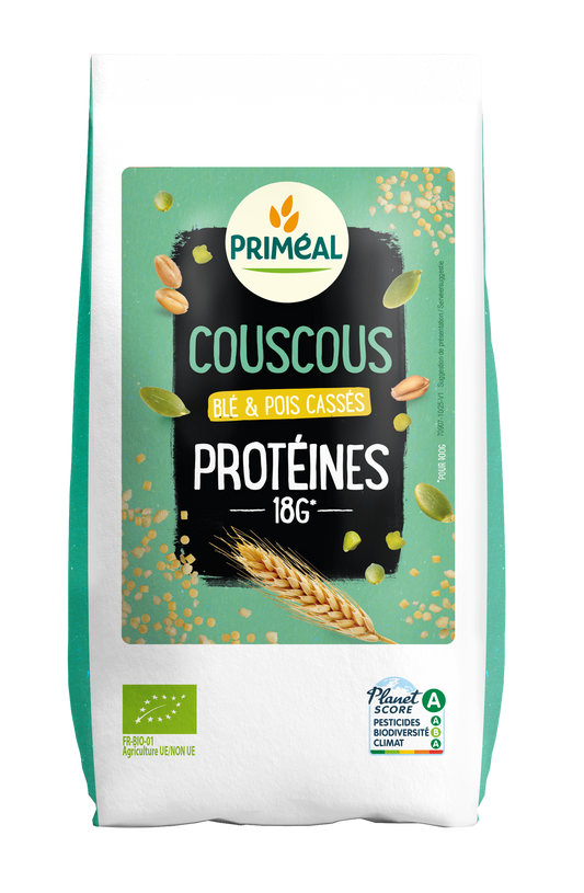 Primeal organic couscous protein pasta in 400g package, showing the product's packaging and label.