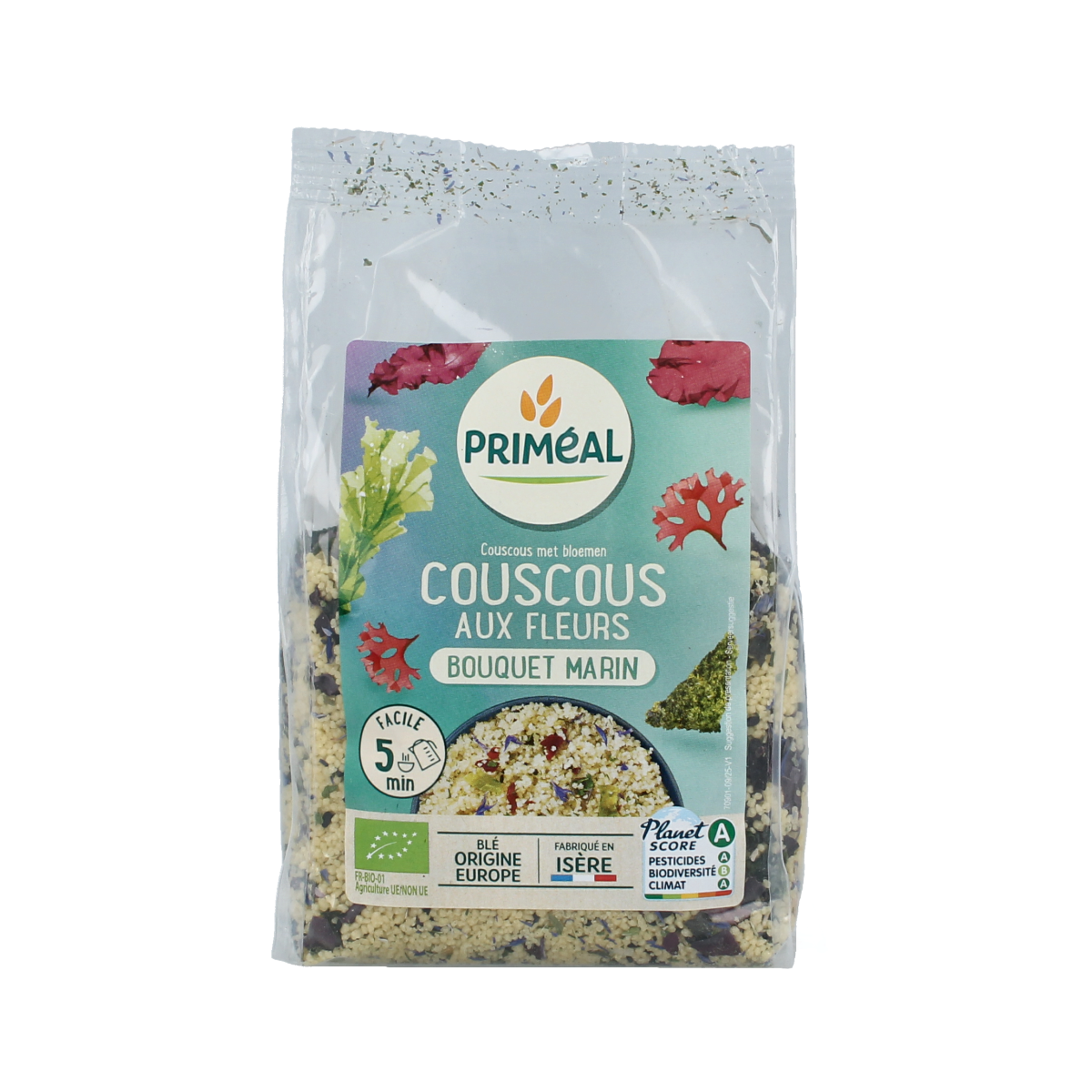 Primeal organic couscous with blue flowers, 300g, in a clear bowl, showcasing the colorful pasta and floral details.