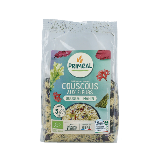 Primeal organic couscous with blue flowers, 300g, in a clear bowl, showcasing the colorful pasta and floral details.