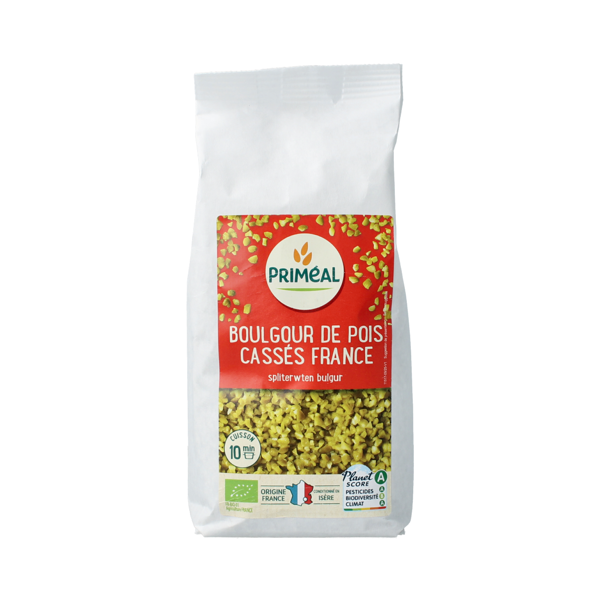 Primeal organic bulgur and split peas pasta and rice mix in a 500g package, natural and healthy food product.