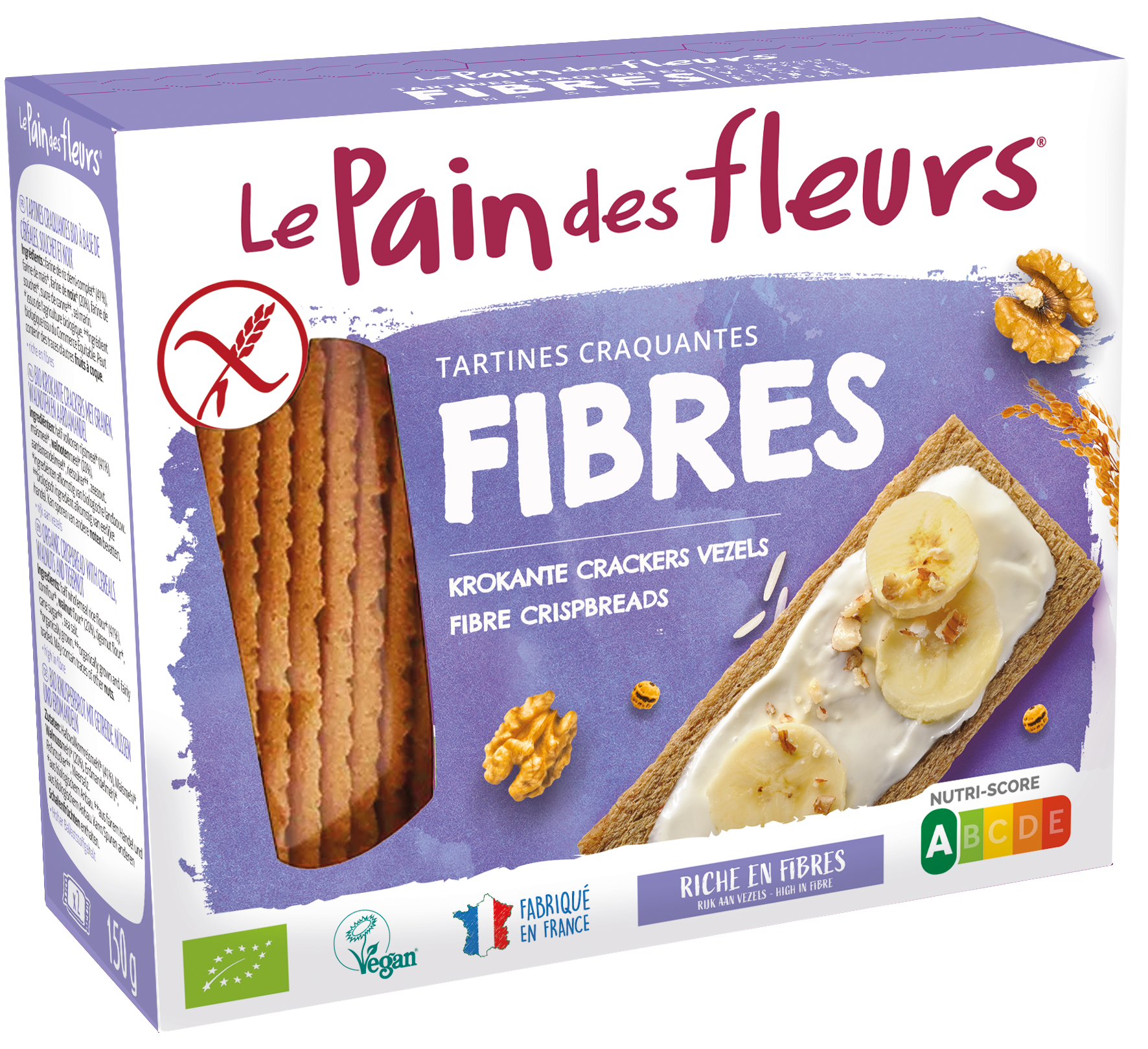 Pain Des Fleurs gluten-free crispy crackers with floral flavor, 150g, showing golden-brown, textured surface in the image.