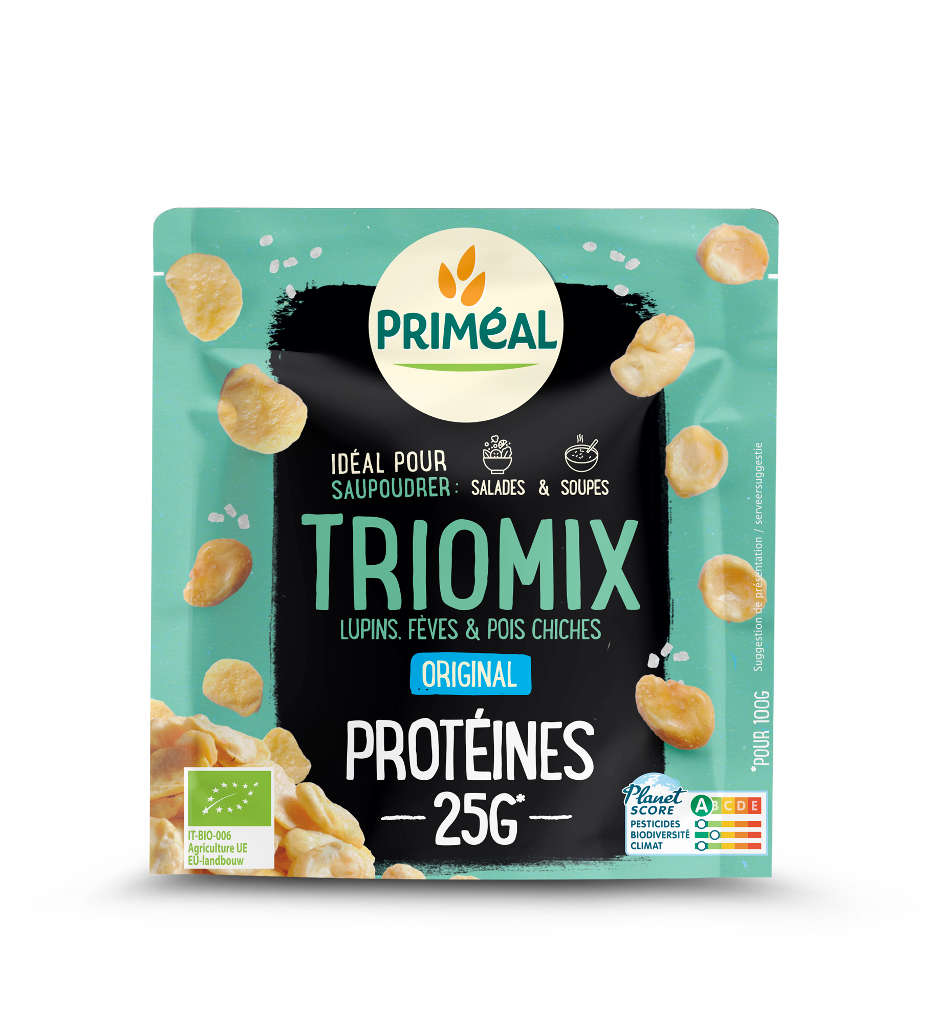 Primeal Trio mix organic protein topping in a 70g package, natural plant-based superfood for healthy eating.