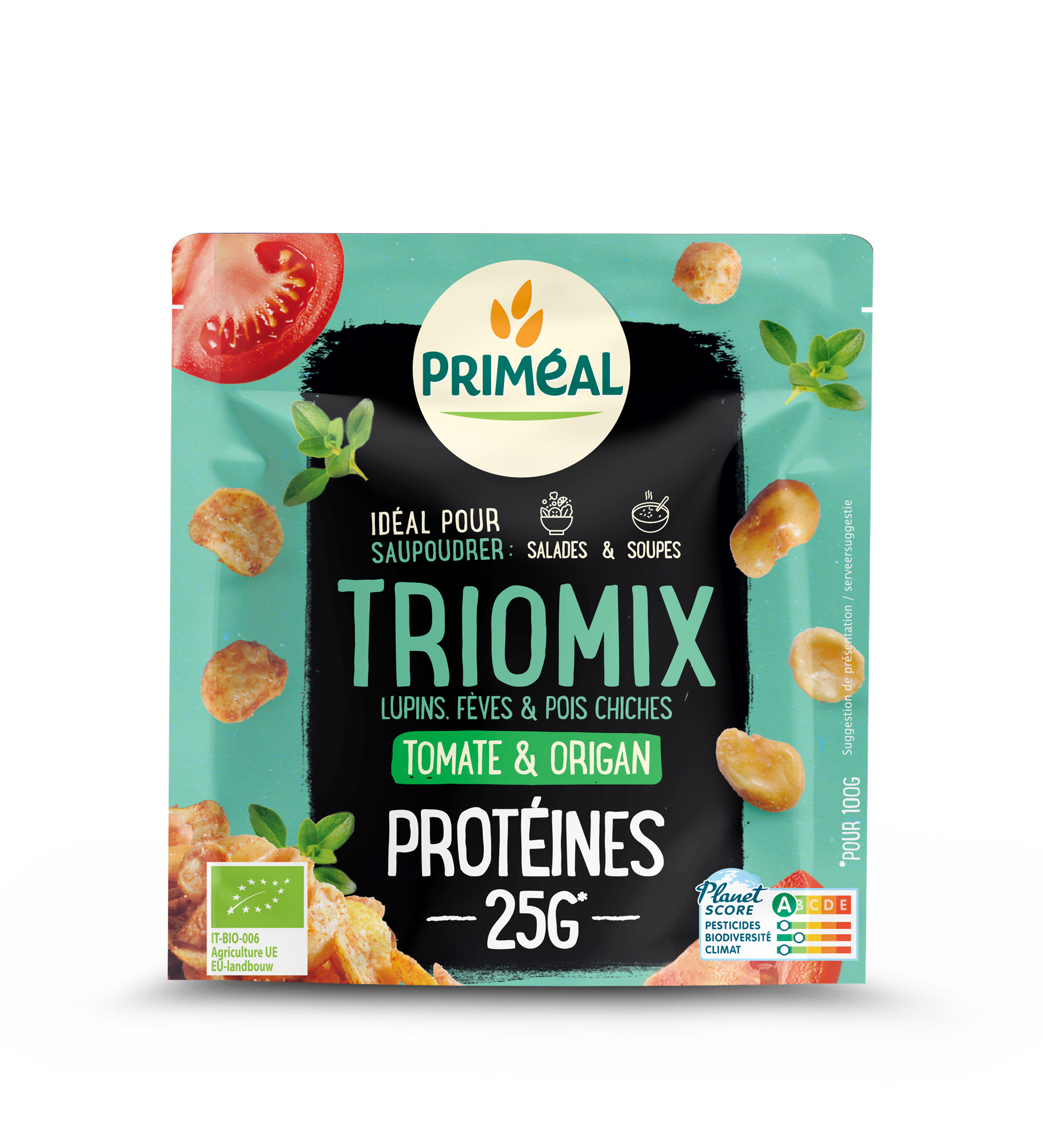 Primeal Trio mix protein topping with tomato and oregano, organic 70g package, natural ingredients for healthy meals.