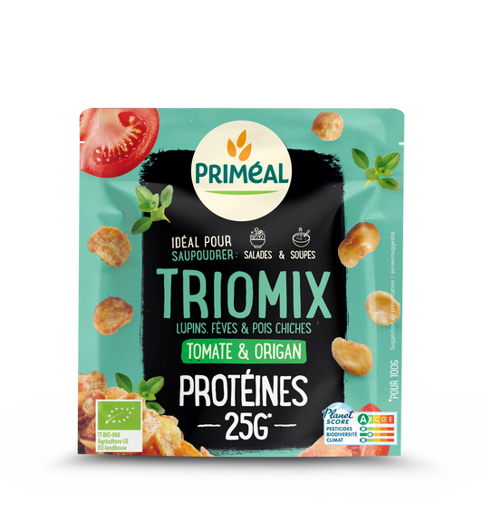 Primeal Trio mix protein topping with tomato and oregano, organic 70g package, natural ingredients for healthy meals.