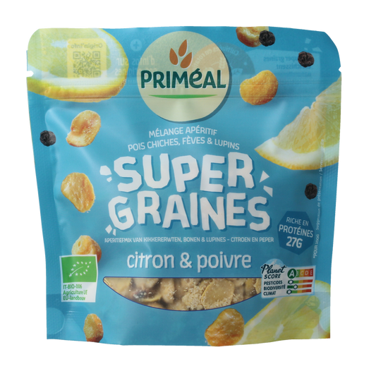 Primeal chickpeas, beans, and lupines mix with lemon and pepper, organic seasoning in a 100g package.