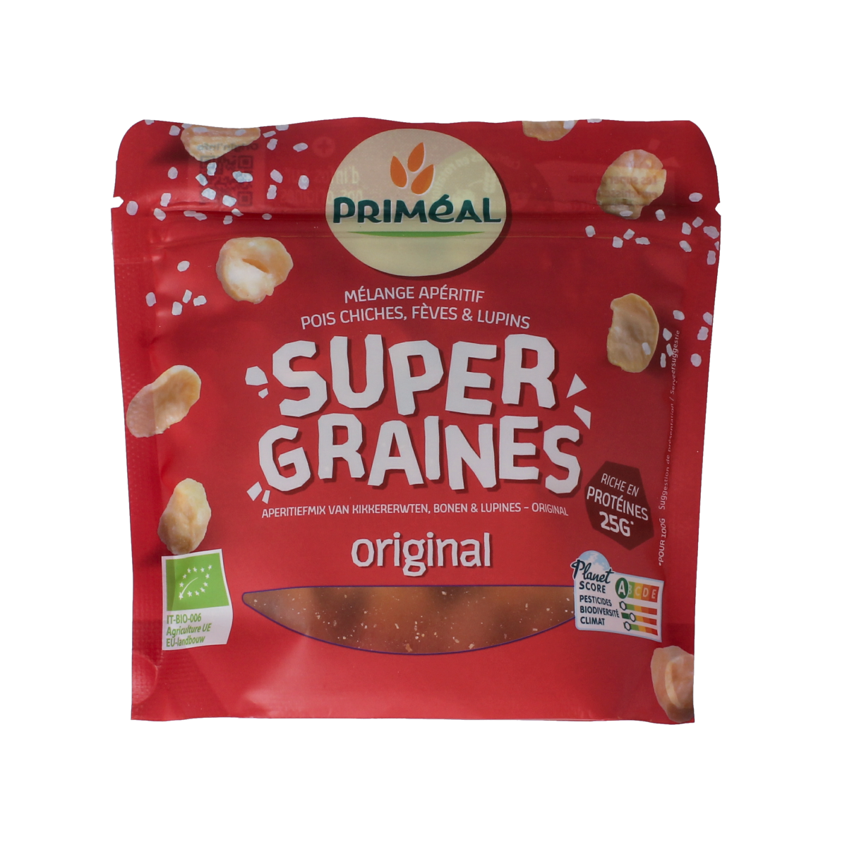 Primeal Kikkererwten, bonen en lupines mix in zout, biologische snack, 100g, healthy plant-based protein snack in a bowl.