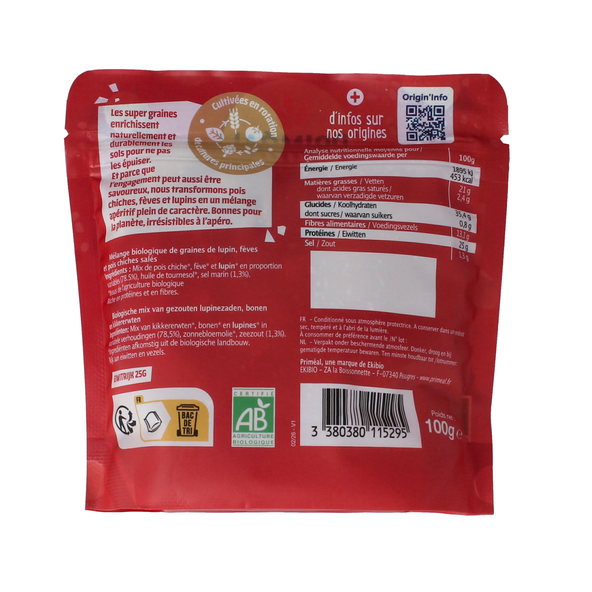 Primeal salted organic chickpeas, beans, and lupines mix in a 100g snack pack, showcasing the colorful mixed legumes.