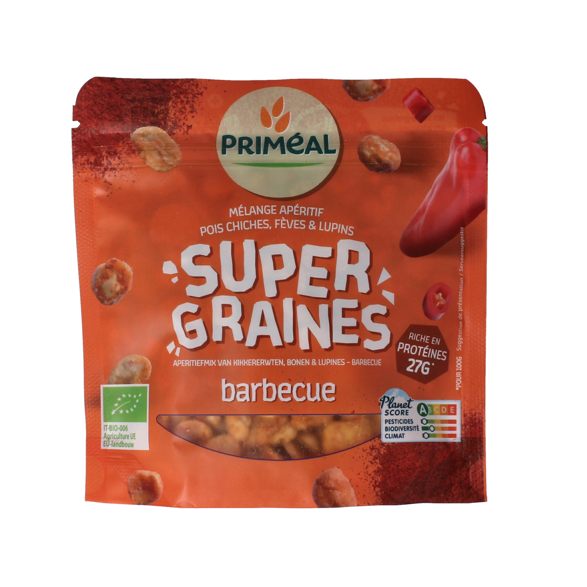Primeal organic chickpeas, beans, and lupines mix snack in a 100g package, perfect for healthy barbecues and snacking.