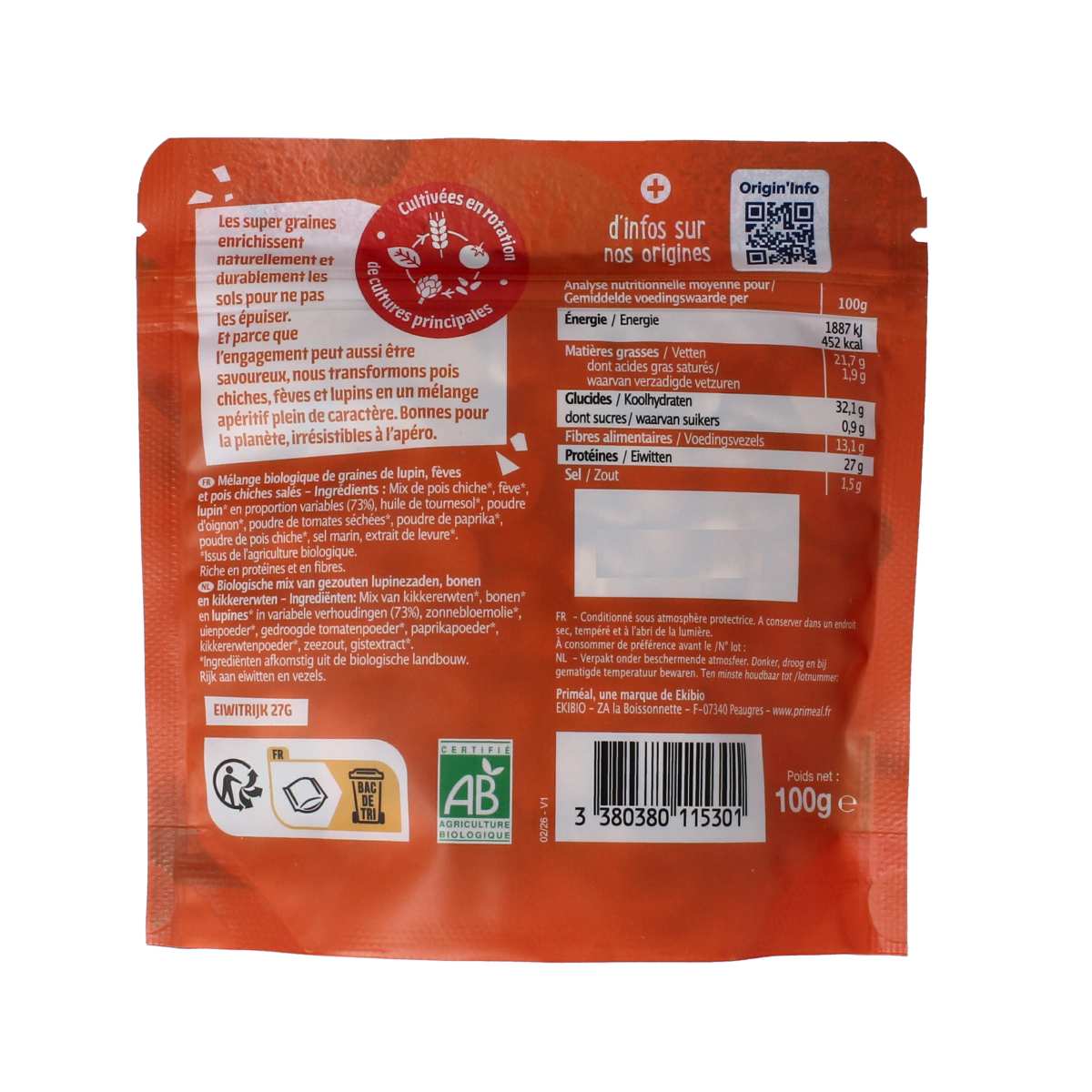 Primeal Kikkererwten, bonen en lupines mix barbecue biologische snack in een 100g verpakking.