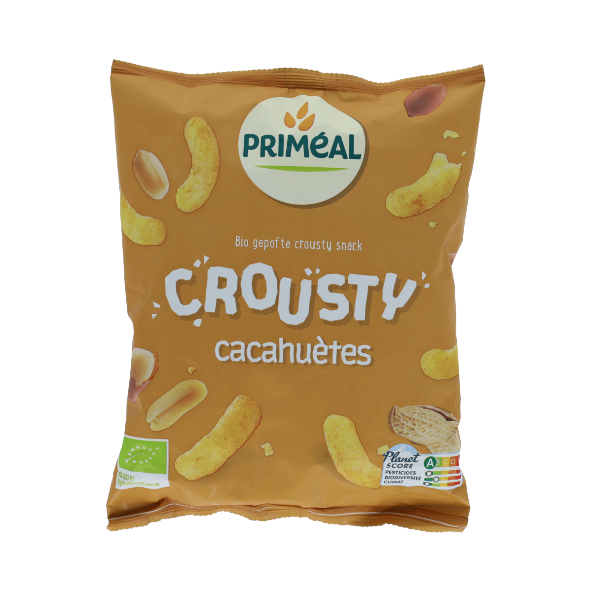 Primeal gluten-free bio peanut chips in 75g package, a crunchy snack and healthy gluten-free peanut treat.