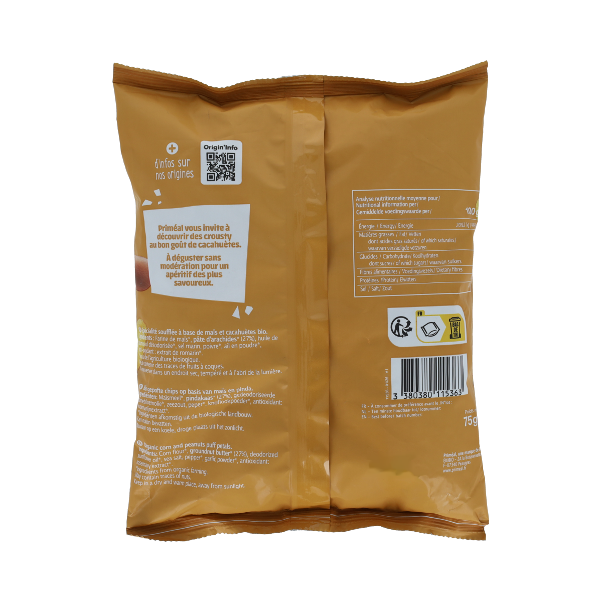 Primeal gluten-free bio peanut chips in 75g pack, crunchy snack from Primeal's snack and treat range.