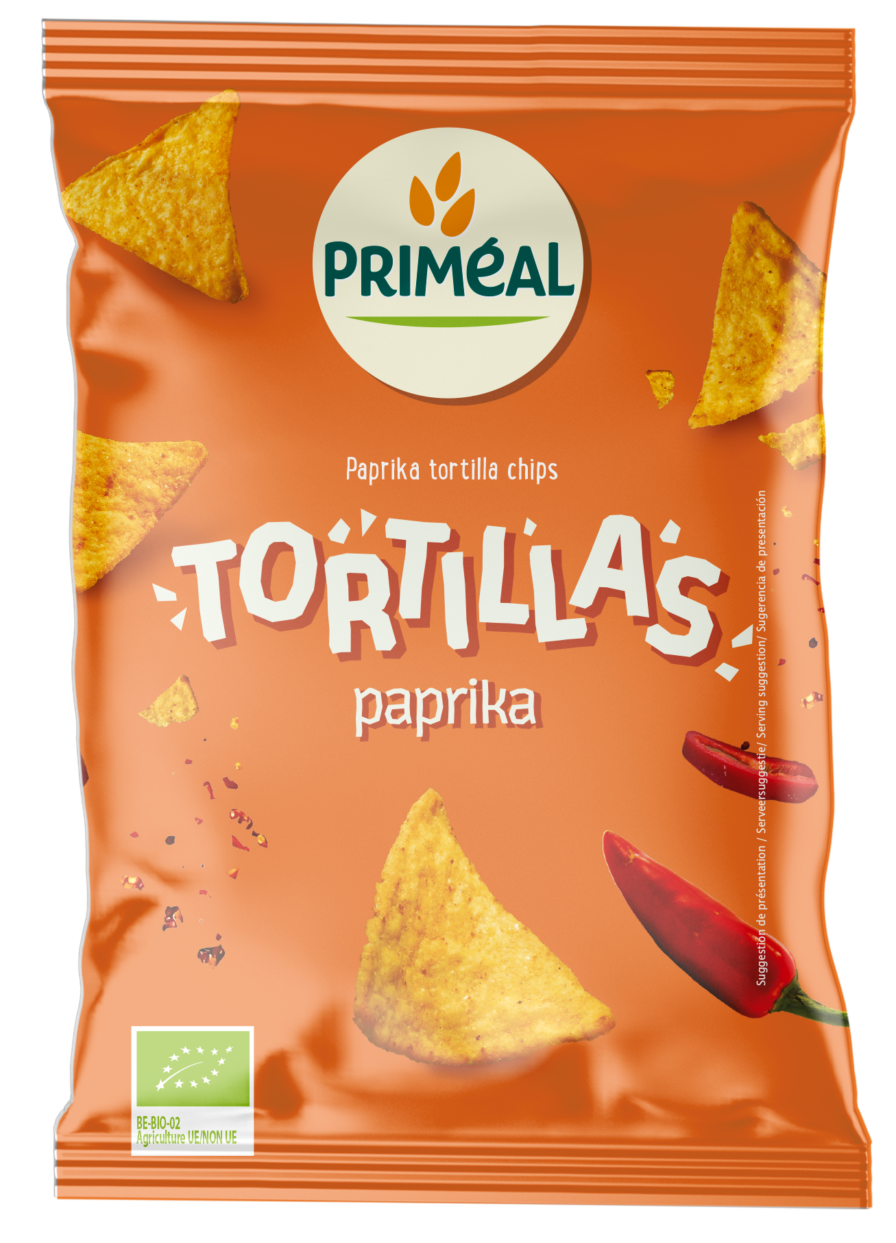 Primeal Tortillas paprika bio chips and zoutjes in a bowl, showing vibrant red paprika seasoning and crispy texture.