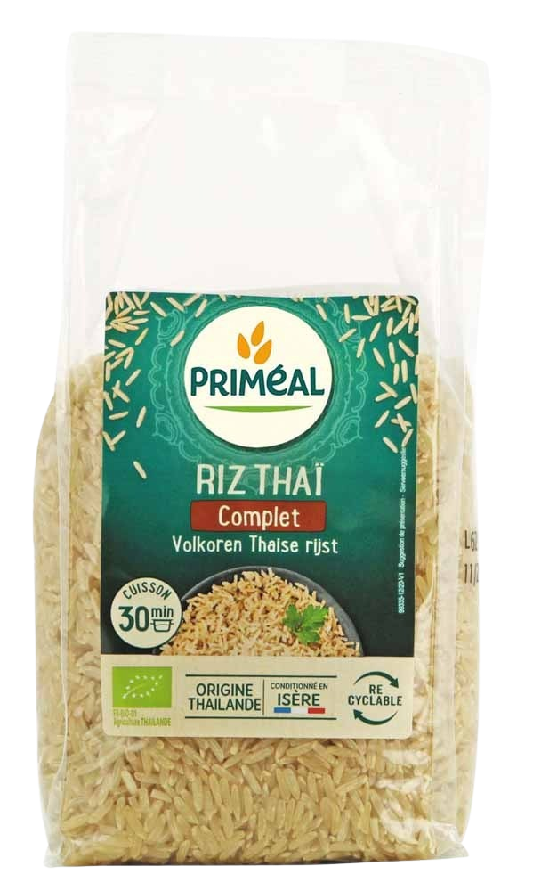 Primeal organic whole Thai rice in a 500g package, showcasing the rice grains in a clear image.