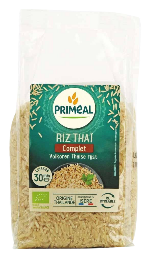 Primeal organic whole Thai rice in a 500g package, showcasing the rice grains in a clear image.