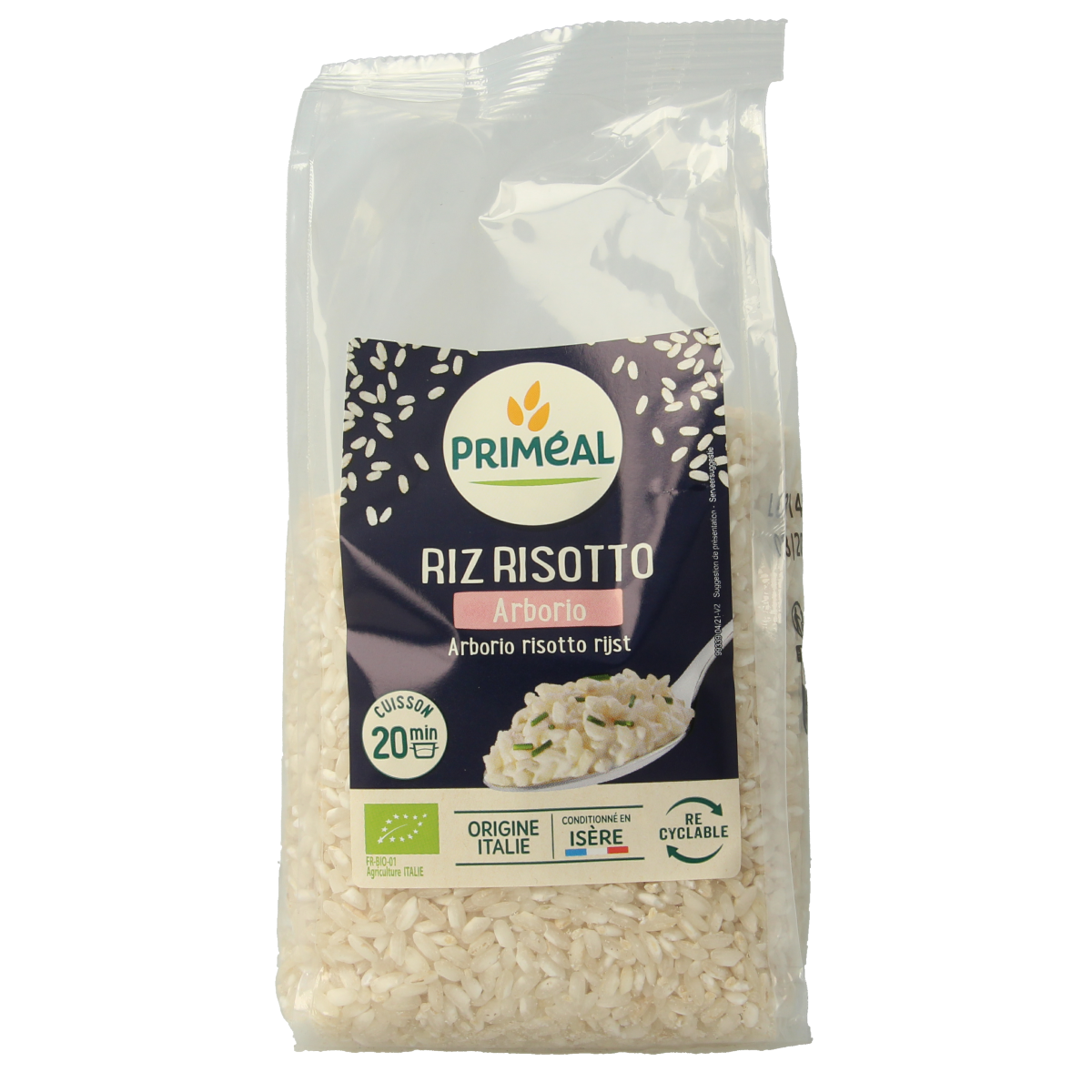 Primeal organic Arborio white risotto rice in a 500g package, ideal for making creamy risotto dishes.