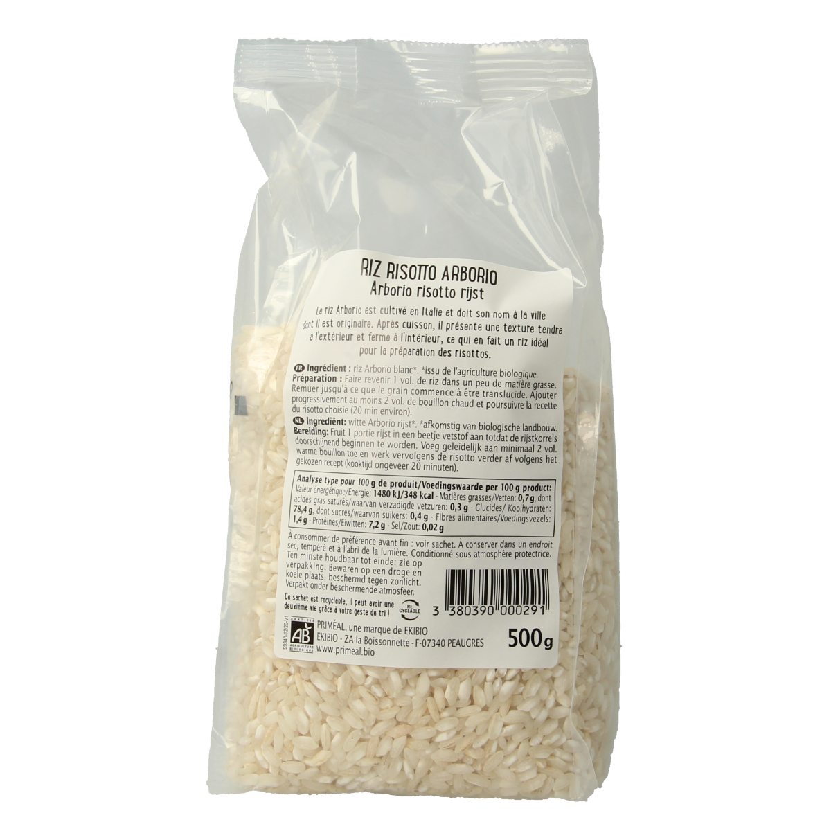 Primeal bio Arborio white risotto rice in 500g package, natural pasta and rice product with visible rice grains.