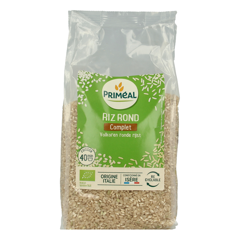 Organic Primeal whole round Italian rice in a 1kg package, showcasing the packaged rice grains.
