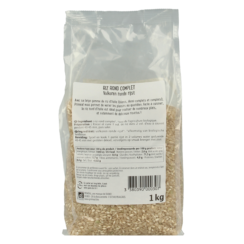 Organic Primeal whole round Italian rice in a 1kg package, showcasing the rice grains in a natural, uncooked state.