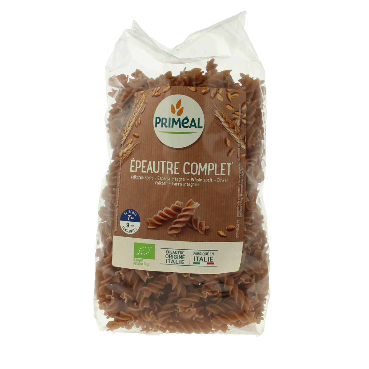 Primeal organic whole spelt fusilli pasta, 500g, showing spiral-shaped whole grain pasta on a white background.