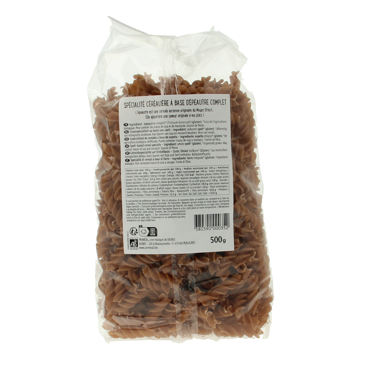 Primeal organic spelt fusilli pasta spiralen volkoren, 500g, whole grain pasta made from spelt wheat.