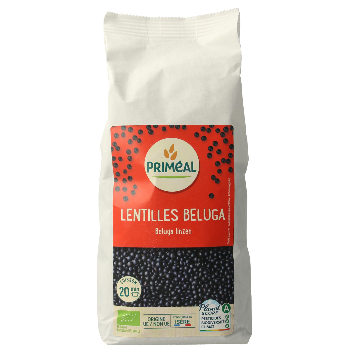 Primeal organic beluga lentils in a 500g bag, raw and uncooked, ready for cooking or meal preparation.