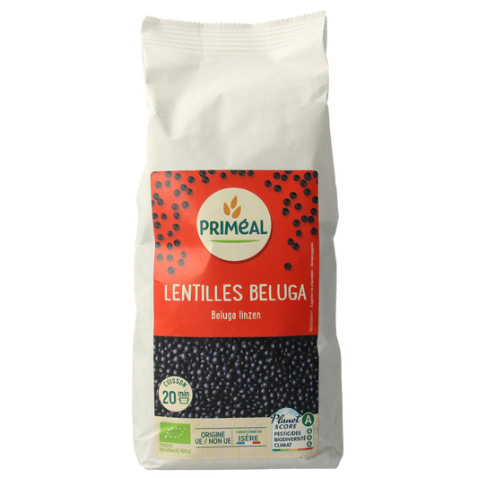 Primeal organic beluga lentils in a 500g bag, raw and uncooked, ready for cooking or meal preparation.