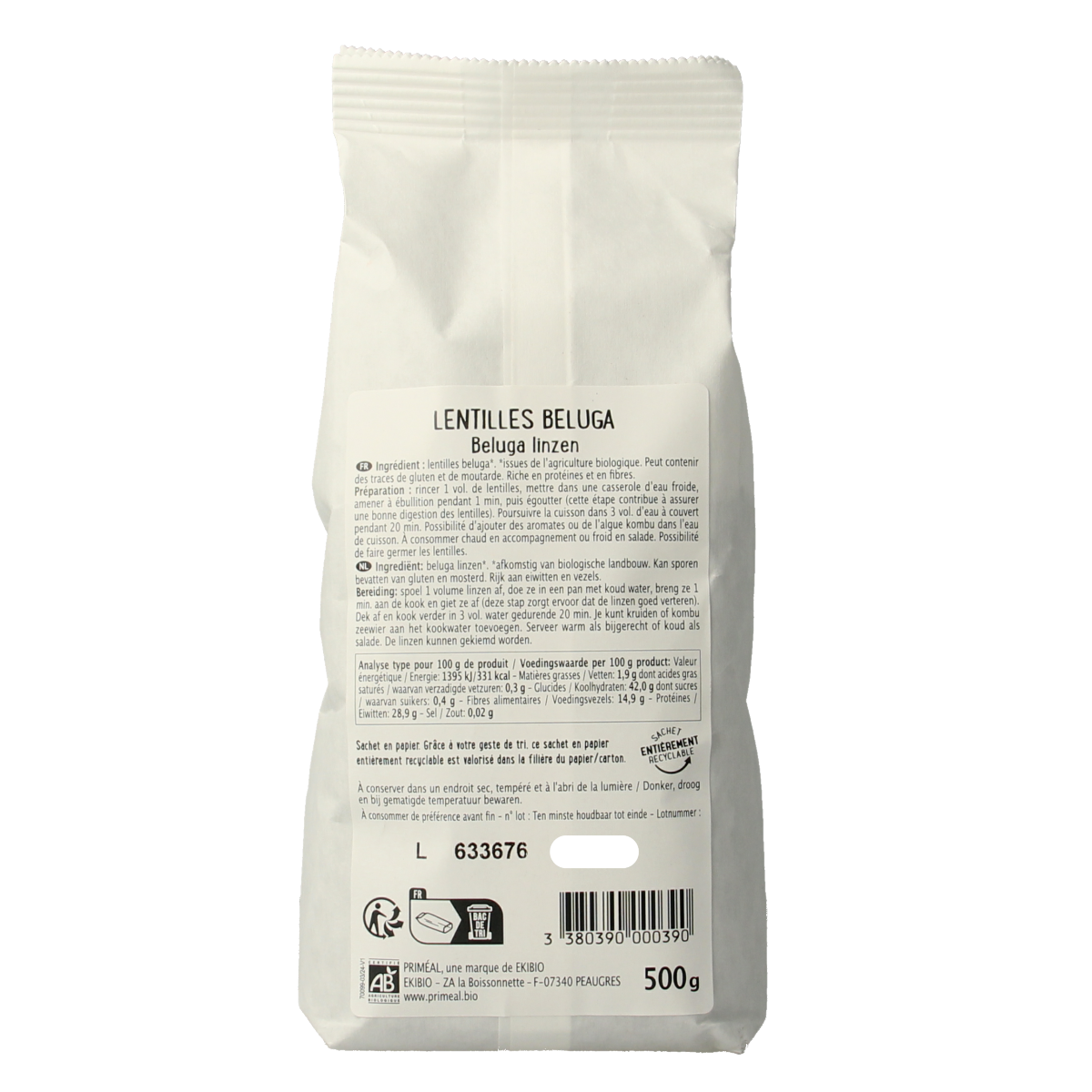 Primeal bio beluga lentils in a 500g package, fresh and organic, suitable for healthy cooking and nutritious meals