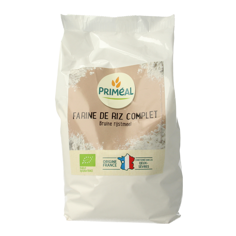 Primeal volkoren bruine rijstmeel bio in 500g package, natural brown rice flour for baking and cooking.