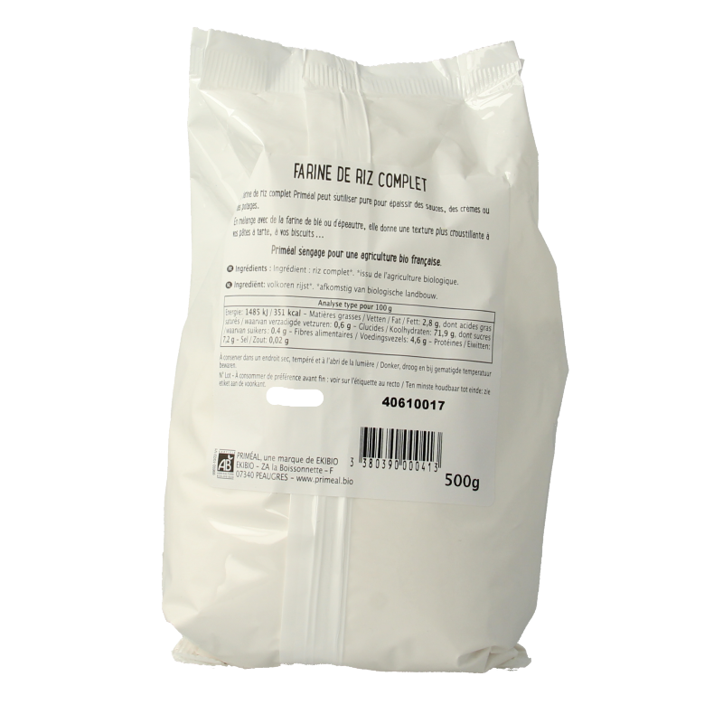 Primeal organic whole grain brown rice flour in a 500g package, ideal for baking and gluten-free recipes.