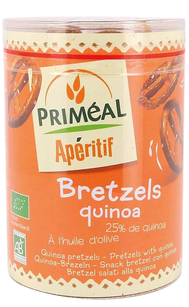 Primeal Aperitive quinoa bretzels organic snack in a 200g package, showing golden-brown baked bretzels with quinoa grains