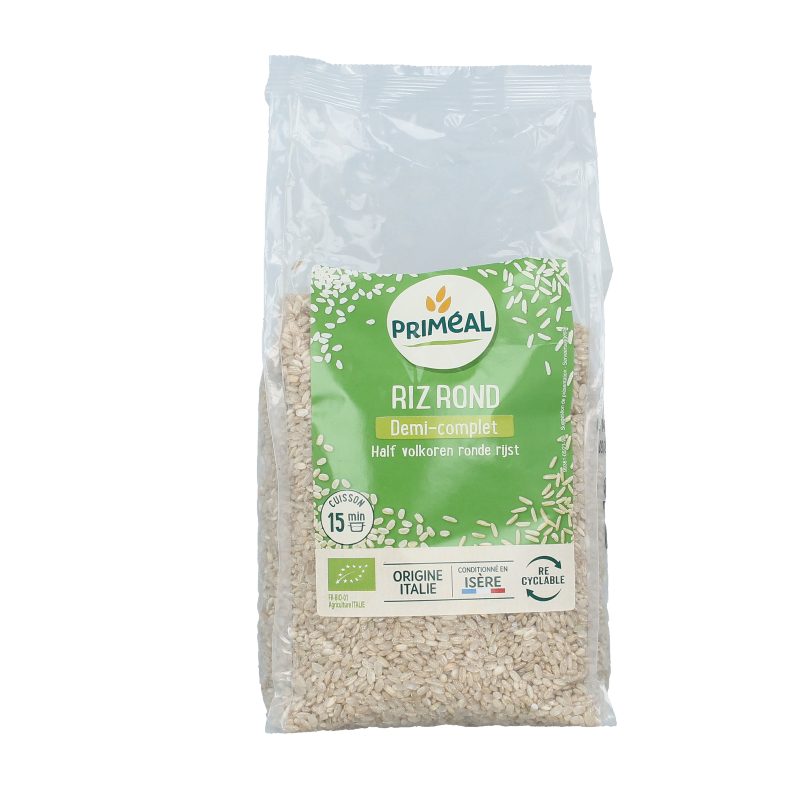 Primeal organic whole round rice in a 1kg package, showing polished, round grains suitable for cooking or rice dishes.
